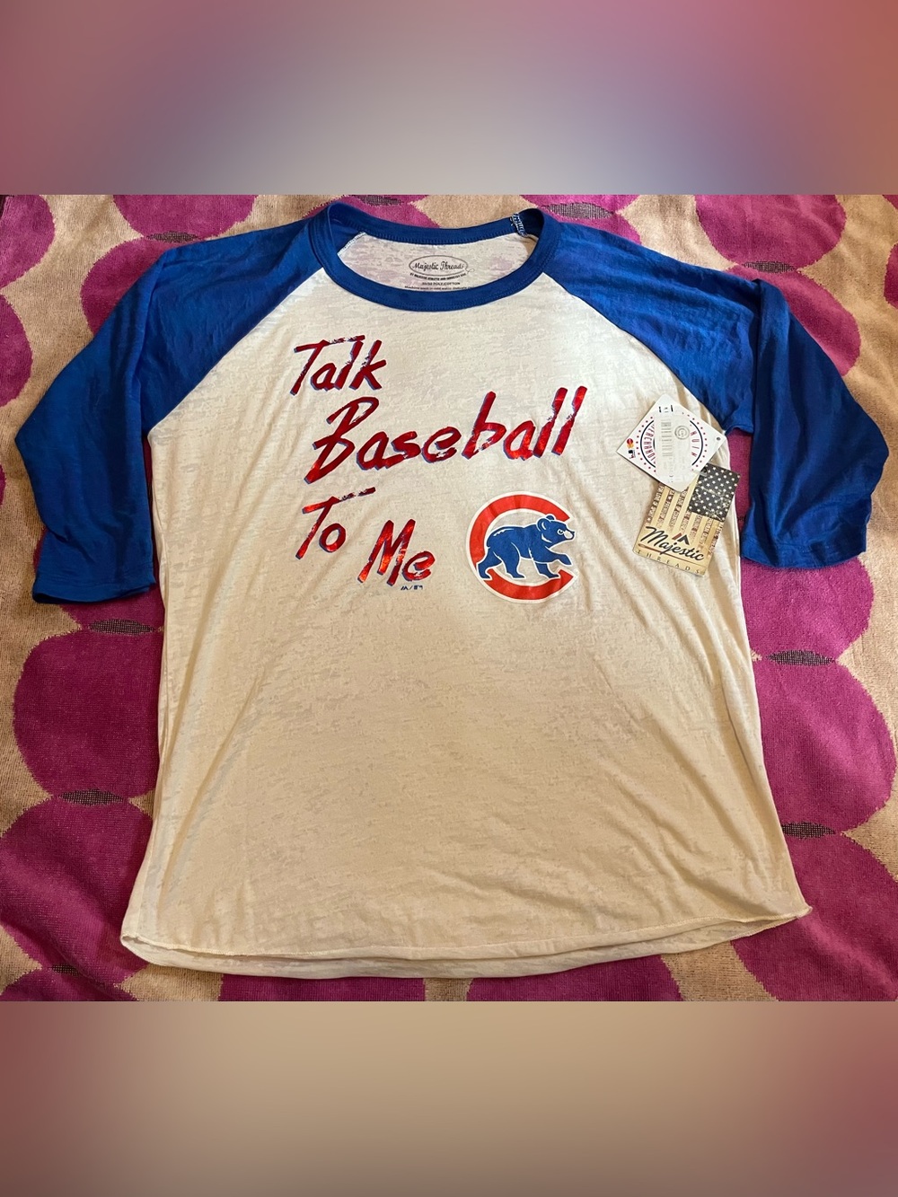 NWT Official Chicago Cubs Women’s Talk Baseball To Me 3/4 Sleeve Top